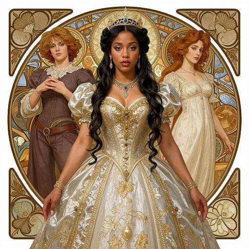 Digital art of a dark-skinned queen with long black hair, golden dress, and tiara, flanked by a red-haired man in medieval attire