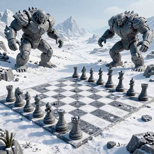 CGI image of two armored, monstrous warriors facing off in a snowy mountain landscape, playing a chess game with large, detailed chess pieces.