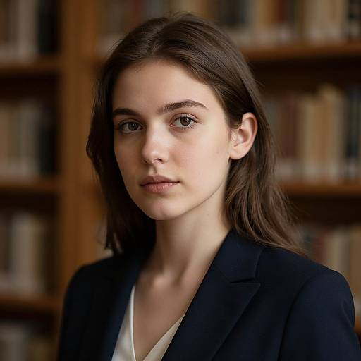 Photograph of a young woman with fair skin, brown eyes, and long dark hair, wearing a black blazer over a white top, standing in