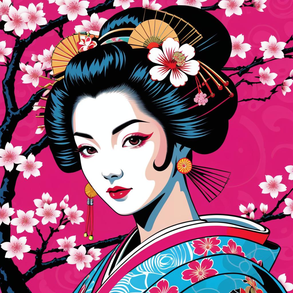 Pop Art Geisha Among Cherry Blossoms