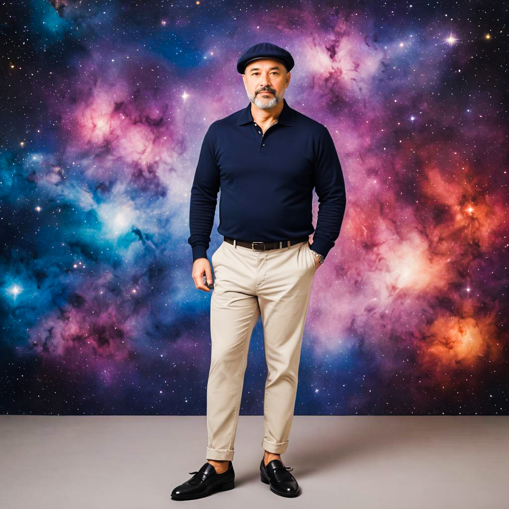 Chic Parisian Man in Galaxy Nebula