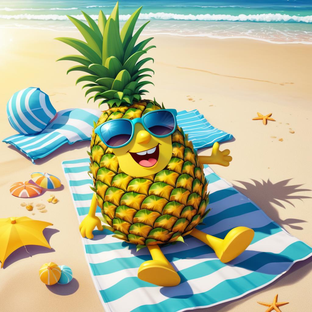 Cheerful Pineapple in Summer Dress on Beach