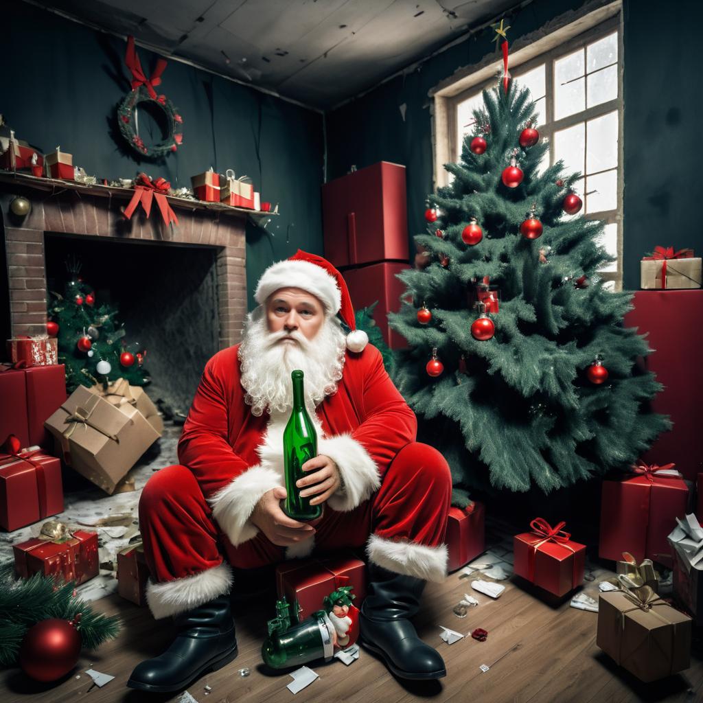 Melancholic Santa in Chaotic Christmas Room