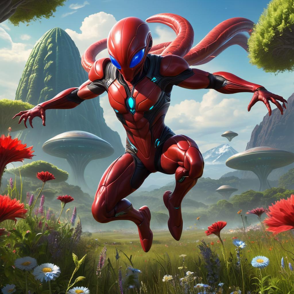 Dynamic Red Alien in Extraterrestrial Meadow