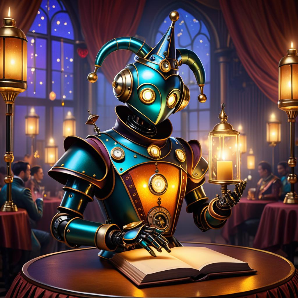 Whimsical Robot Jester in Clockwork Ballroom