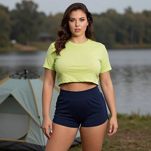 Curvy Woman in Sporty Lake Scene