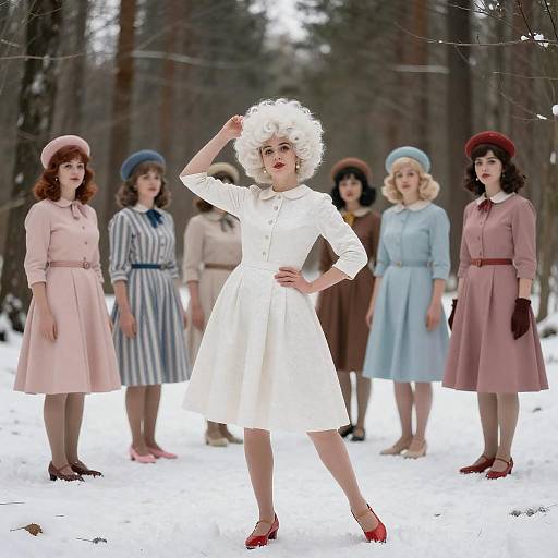 Playful 1960s Fashion in Snowy Forest