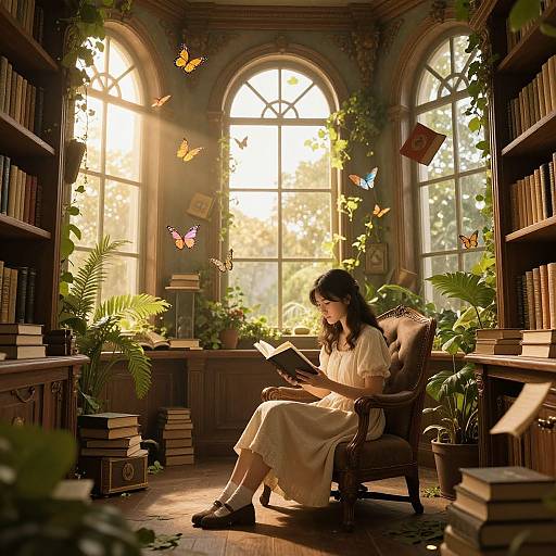 Photograph-style digital art of a young woman in a yellow dress reading in a sunlit, book-filled study with butterflies, vines, and potted