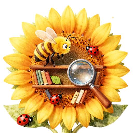Whimsical Bee Librarian in Sunflower Library