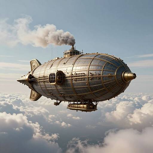 Photorealistic digital illustration of a steampunk airship with a glass dome, emitting smoke, flying above fluffy white clouds against a blue sky.
