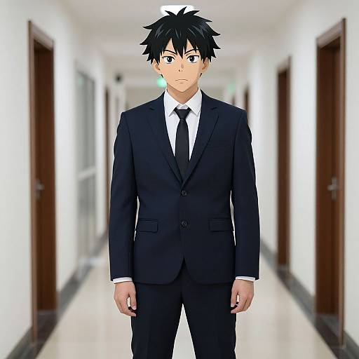 Anime-style digital drawing of a serious young man with black spiky hair, wearing a black suit, white shirt, and black tie, standing in a