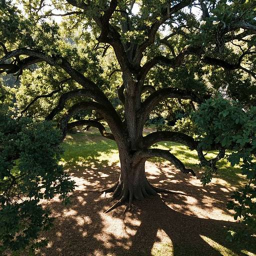 Photograph of a large, sprawling oak tree with thick, dark branches and lush green leaves, casting intricate shadows on the sunlit forest floor.