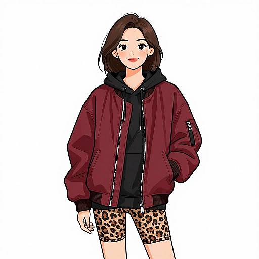 Digital anime-style drawing of a smiling woman with brown hair, wearing a red jacket, black hoodie, and leopard print shorts.