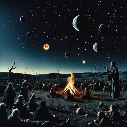 Surreal Gathering Around Fire Under Cosmic Sky