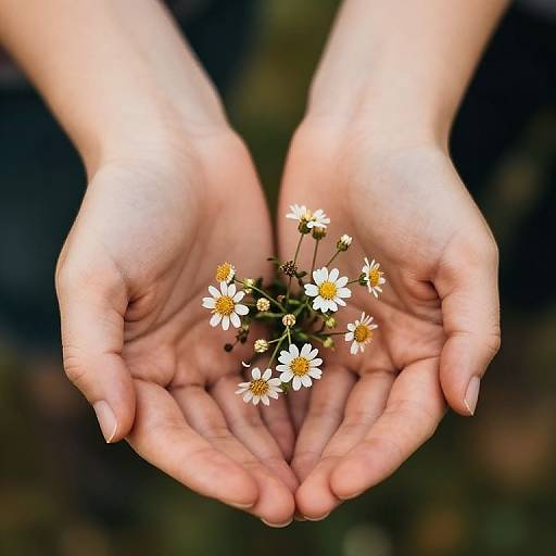 Photograph of a pair of pale, gently cupped hands holding a small cluster of white daisy-like flowers with yellow centers. Background is blurred green