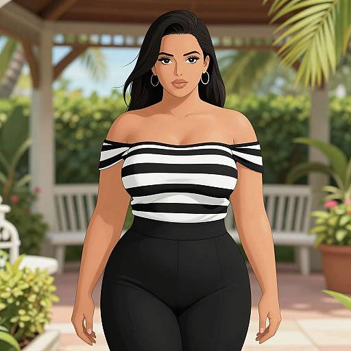 Digital illustration of a curvy woman with long black hair, wearing a black-and-white off-shoulder striped top and high-waisted black pants