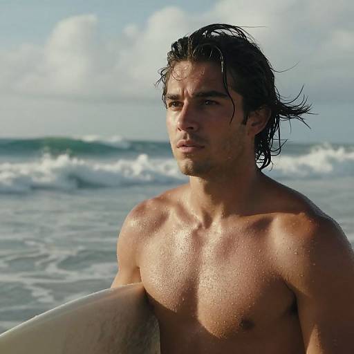 Photograph of a muscular, shirtless man with wet, dark hair holding a surfboard, standing in the ocean with waves in the background.