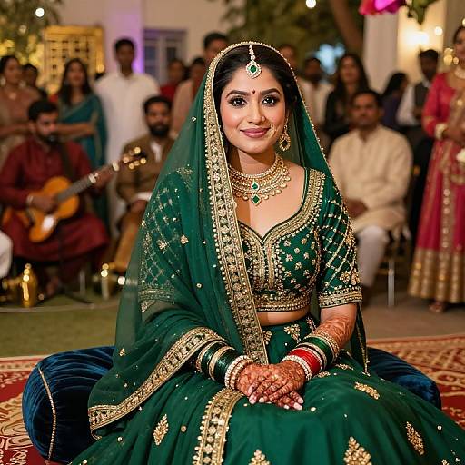 Photograph of a beautiful South Asian bride in a green and gold embroidered traditional outfit, seated, adorned with jewelry, at a vibrant wedding ceremony with attendees