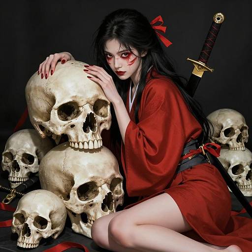 Woman in Red Kimono with Skulls and Sword