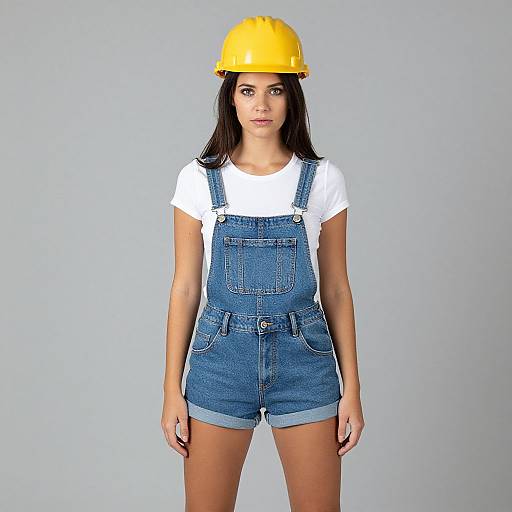 Photograph of a young woman with long black hair, wearing a yellow hard hat, white t-shirt, and blue denim overalls, standing against a