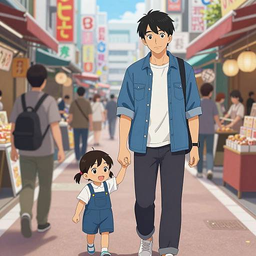 Digital anime-style drawing of a tall man in a blue denim shirt and black pants holding hands with a small girl in blue overalls, walking through a