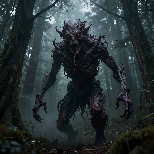 Digital artwork of a terrifying, skeletal forest creature with glowing red eyes, twisted limbs, and dark, tangled hair in a misty, dense forest.