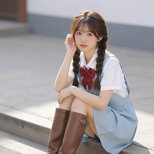 Young Asian Woman in School Uniform Sitting Outdoors