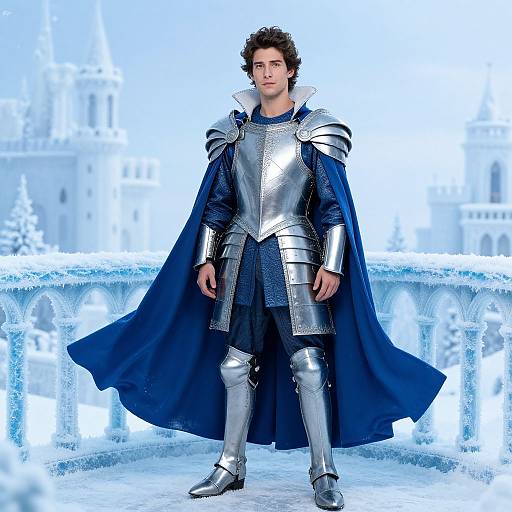 Photograph of a handsome, curly-haired man in silver armor and a deep blue cape, standing on an icy castle balcony.