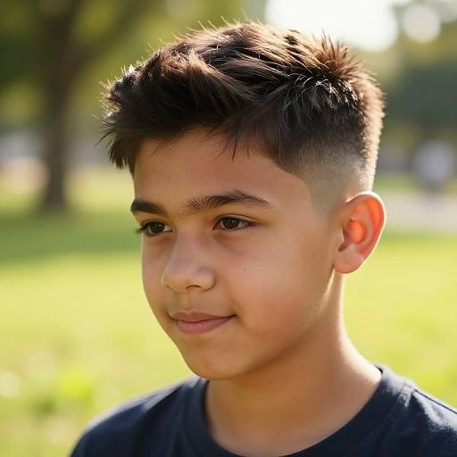 Photograph of a young boy with short, spiked black hair, medium brown skin, and brown eyes, wearing a dark blue shirt, smiling softly in
