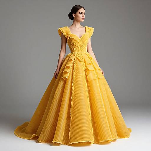 Photograph of a fair-skinned woman in a bright yellow, textured, ruffled ball gown with puffed shoulders, standing against a gray background.