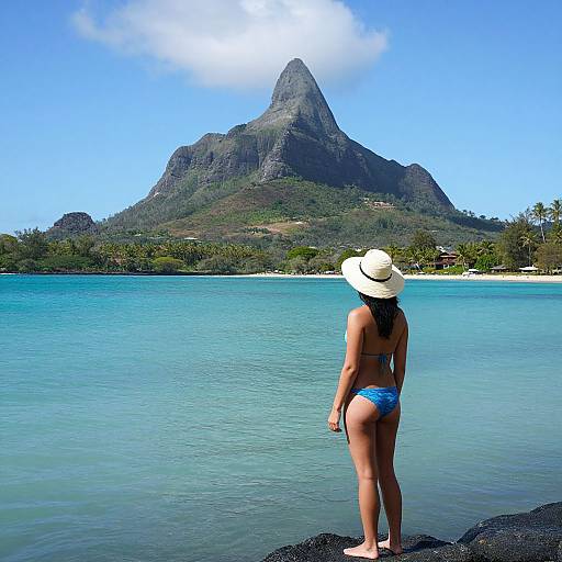 Photograph of a woman in a blue bikini and white hat, standing on black rocks, facing a turquoise sea with a large, green-covered mountain in