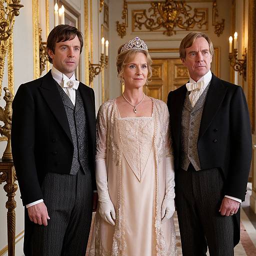 Photograph of a royal wedding: a blonde woman in an elegant white lace gown and tiara, flanked by two men in black suits and grey