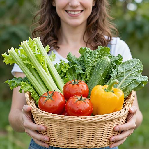 Photograph of a smiling woman with curly brown hair, holding a wicker basket filled with fresh vegetables, including tomatoes, yellow peppers, celery, and