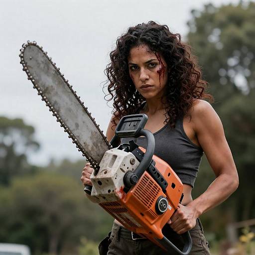 Intense Woman with Chainsaw Outdoors