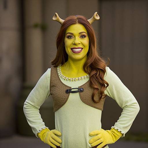 Photograph of a smiling woman with yellow face paint, brown antler headpiece, white dress, brown vest, yellow gloves, standing outdoors.