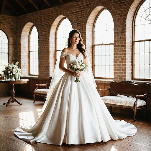 Bride in Elegant Off-the-Shoulder Wedding Dress