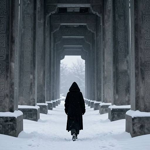 Shadowed Wanderer in Snowy Corridor