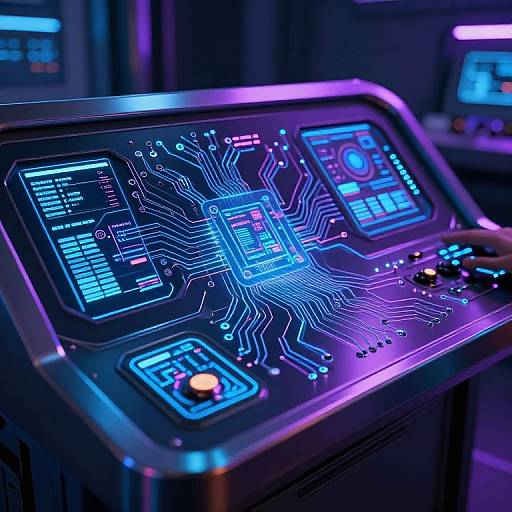 Photograph of a futuristic control panel with glowing blue and purple digital circuitry, buttons, and screens in a dark, neon-lit environment.