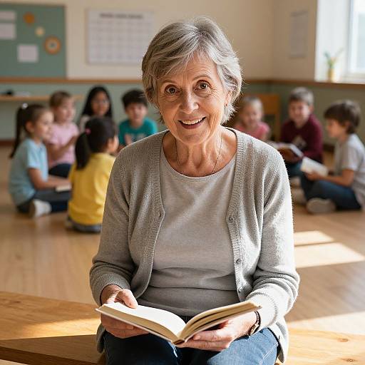 Photograph of an elderly woman with gray hair, smiling while reading to a group of children seated on a classroom floor.