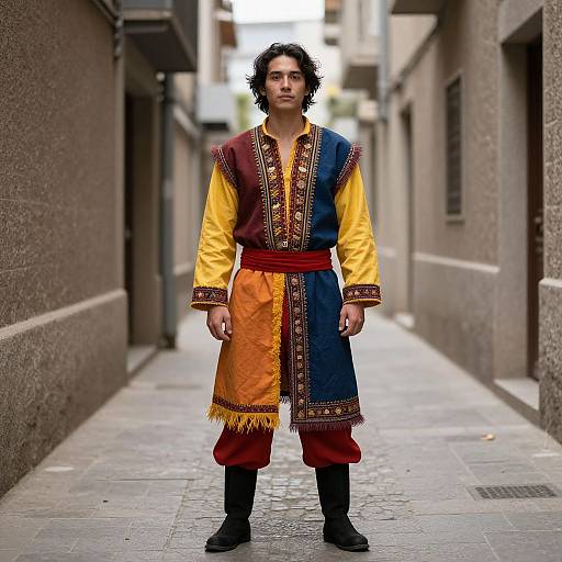 Photograph of a young man with curly black hair, wearing a colorful, embroidered traditional long tunic, standing in a narrow urban alleyway.