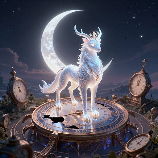 Digital fantasy artwork: glowing white, horned, celestial wolf stands on ornate clock platform under crescent moon, surrounded by antique clocks.