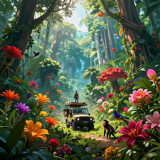 Vibrant, digital CGI forest scene: colorful flowers, towering trees, sunlight filtering through, jeep with a standing figure, and a monkey beside.