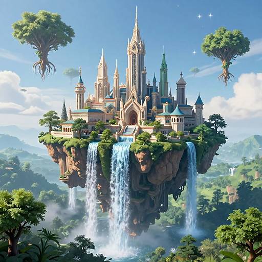 3D Floating City with Inverted Waterfalls