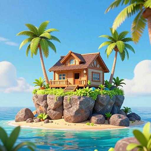 Digital illustration of a wooden, thatched-roof house on a rocky island with two palm trees, surrounded by clear blue ocean and bright sky.