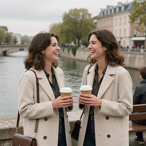 Two women laughing with coffee by river