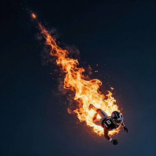 Photograph of a football player engulfed in bright flames, mid-air, against a dark blue background, creating a dramatic, fiery effect.
