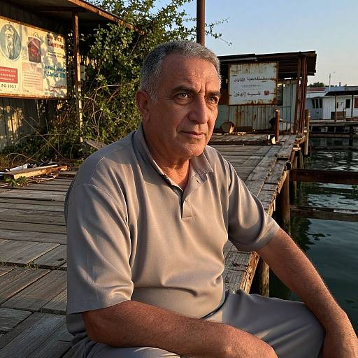 Middle Eastern Man Sitting on Abandoned Pier at Sunset