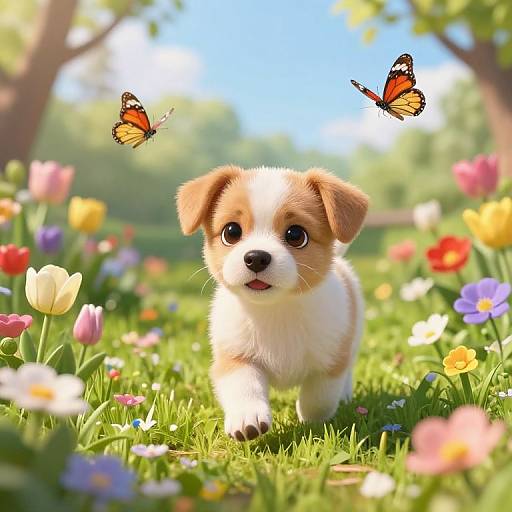 Adorable, fluffy puppy with brown and white fur, wide eyes, and pink tongue, walks through vibrant, colorful flower field with two butterflies flying above