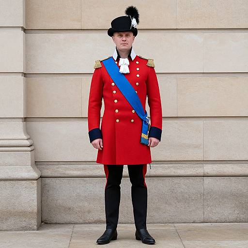 Photograph of a young male soldier in a red British Army uniform with gold buttons, blue sash, black trousers, and tall black hat, standing