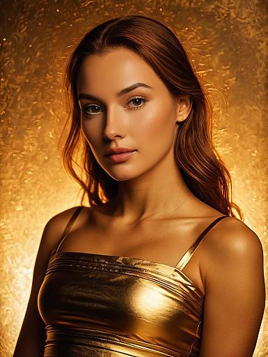 Woman in Metallic Gold Dress with Golden Background